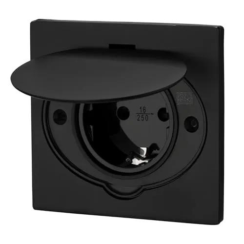 Edelstahl Einbausteckdose IP44 mit Klappdeckel - schwarz - Steckdosen & Zubehör - Trittfeste, spritzwassergeschützte Einbausteckdose für Innen- und Außenbereiche, ideal für Wand- und Bodenmontage. Hergestellt aus gebürstetem Edelstahl für Langlebigkeit.