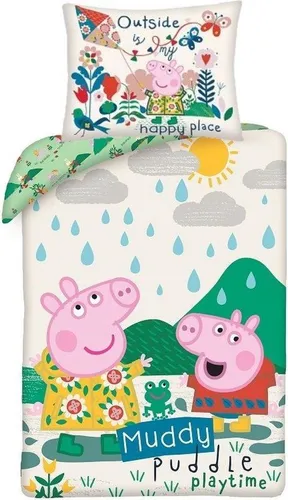 Peppa Pig Bettbezug Muddy 140 x 200 cm aus Baumwolle - Fröhlicher Peppa Pig Bettbezug Muddy in 140 x 200 cm, aus 100% Baumwolle. Beidseitig bedruckt und mit extra großem Kissenbezug – perfekt für einen angenehmen Schlaf und als tolles Geschenk!