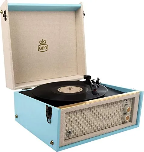 GPO Bermuda Plattenspieler; Klassischer Schallplattenspieler im Retro Stil mit MP3/USB; integriertem Lautsprecher, Blau