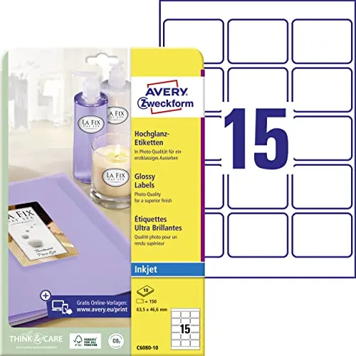 AVERY Zweckform C6080-10 Hochglanz-Etiketten (150 Glossy Aufkleber, 63,5x46,6mm auf A4, selbstklebend, bedruckbar, hochglänzendes Papier zur Produktkennzeichnung, für Inkjet-Drucker) 10 Blatt, weiß