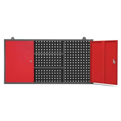 Jan Nowak Hängeschrank Werkzeugschrank Werkstattschrank Metallschrank Lochwand 2 verstellbare Fachböden 2 Fächer 120 cm x 60 cm x 20 cm (Anthrazit-Rot)
