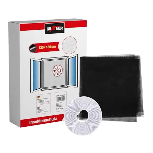 Grafner Insektenschutz für Fenster, verschiedene Größen und Farben, individuell zuschneidbar, incl. selbstklebenden Klettband, ohne Bohren, 150 x 130 cm schwarz Fliegen Gitter Mücken Schutz