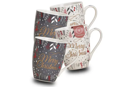 matches21 HOME & HOBBY Tasse Weihnachtstassen 4er Set grau weiß mit Spruch Merry Christmas, 4-tlg., Porzellan, Schöne 350 ml Porzellan Kaffee-Tassen bunten Weihnachtsmotive