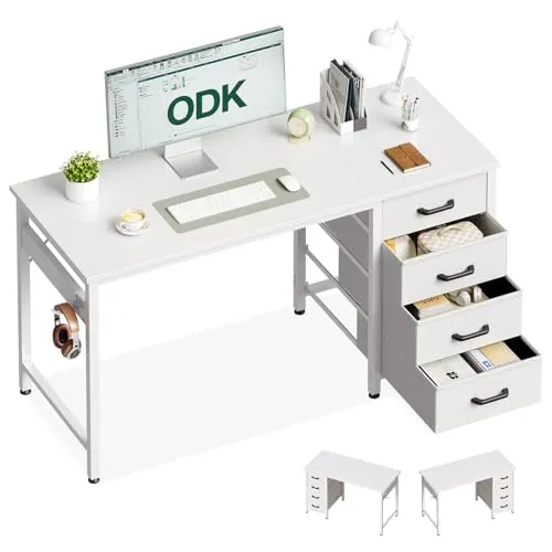 ODK Schreibtisch mit 4 Schubladen, 120×48×75.7cm Computertisch mit Kopfhörer Halter, PC Tisch Reversibler Bürotisch Holz für Heimbüro, Weiß