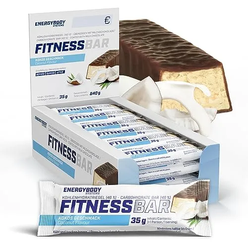 Energybody Fitness Bar „Kokos“ 24x 35 g - Energie-Riegel mit schokoladigem Geschmack, ideal für unterwegs. Enthält Proteine und Kohlenhydrate für einen schnellen Energiekick und ist perfekt für Snacks während des Trainings.