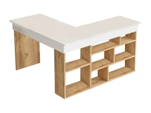 Vente-unique Eckschreibtisch LILEUL - Weiß & Naturfarben - Kinderschreibtisch mit praktischem Stauraum, ideal für ein organisiertes und kreatives Arbeiten im Kinderzimmer.