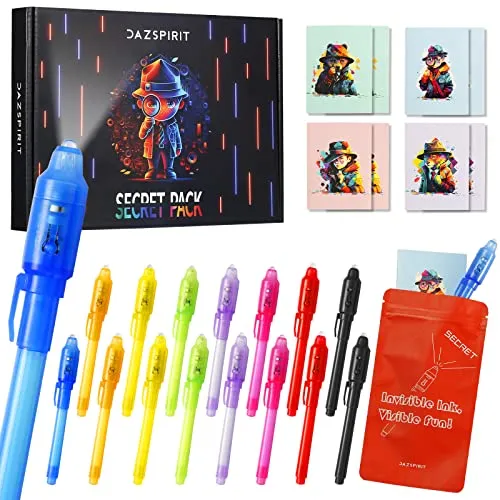 DazSpirit 16 Stück Geheimstift und Notizbuch-Set – Detektiv-Thema Geschenktüten, Zauberstifte mit UV-Licht Partytütenfüller für Jungen und Mädchen, Unsichtbarer Stift Spy Pen zum Mitgebsel Kinder