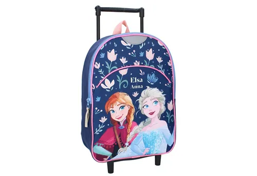 Frozen Kinder Trolley Rucksack mit Elsa & Anna Aufdruck & Blumenmotiv, Dunkelblau, 33x25x11 cm