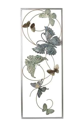 finehomegarden 3D Wandbild 28x4 H74cm Metall türkis/gold/blau Schmetterling Wanddeko Bild Deko Wandbild Schmetterlinge im Rahmen | Wandobjekt Dekoobjekt Bild Ornament | 74x28 cm