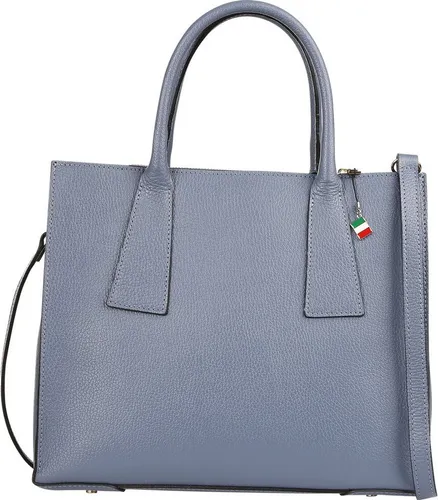 Florence Damen Handtasche aus Leder in Blau/Grau - Moderne und funktionale Handtasche aus echtem Kalbsleder, ideal für Alltag und Büro. Mit abnehmbarem Schultergurt und goldfarbenen Details. Maße: 32x27cm.