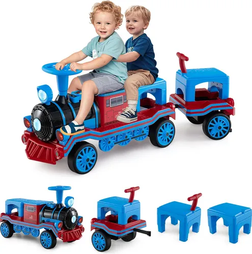 COSTWAY 3-Sitzer Elektroauto, 12V Kinderauto mit 2 abnehmbaren Sitzen, 1 Lokomotive & 1 Waggon, Kinderzug mit LEDs, Zugpfeife & Musik ab 3 Jahren Blau