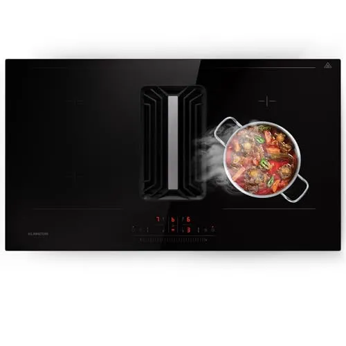 Klarstein Induktions-Kochfeld AirJet DSM-Flex-Flow-90BK - Induktionskochfeld mit integrierter Dunstabzugshaube für bis zu 754 m³/h Abluftleistung, 4 Zonen, energieeffizient (A++) und kindersicher - ideal für moderne Küchen.
