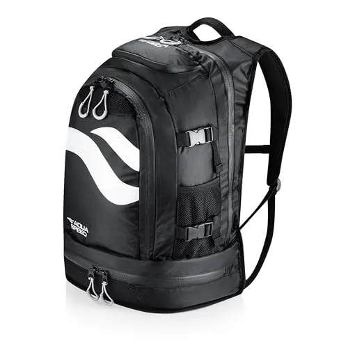 Aqua Speed MAXPACK Rucksack + Mikrofasertuch | 42L | schwarz/weiß - Vielseitiger 42L Rucksack für Sport und Alltag. Mit separatem Schuhfach und Laptopfach ideal für Schwimmausrüstung und andere Aktivitäten. Robuste Bauweise und reflektierende Elemente bieten Sicherheit und Komfort.