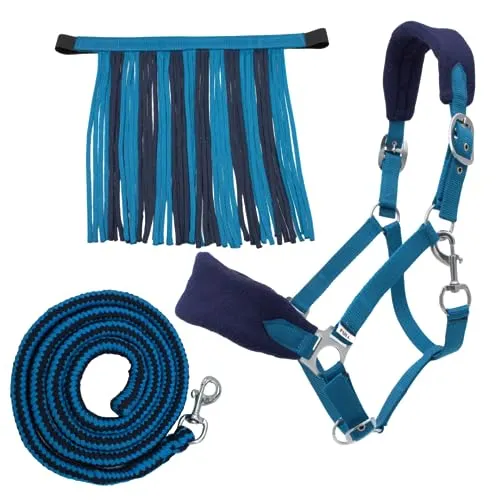 PFIFF 103103 Halfter-Set „Sunny“, 3-teiliges Set aus Halfter, Strick und Fliegenfransen, individuell anpassbar, Blau-Hellblau, Full
