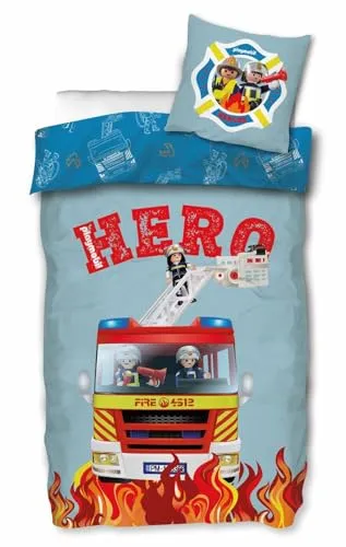 Playmobil Feuerwehr Bettwäsche-Set 135x200 - Bettwäsche für Kinderzimmer aus 100% Baumwolle, 60° waschbar und mit Reißverschluss, ideal für kleine Feuerwehr-Fans.