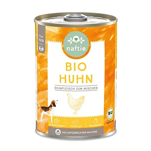 naftie Bio Hundefutter 100% Bio-Huhn - Reinfleisch-Dose Huhn pur - Nassfutter zum Mischen, Barf-Fleisch - Glutenfrei - Getreidefrei - 400 g Dose