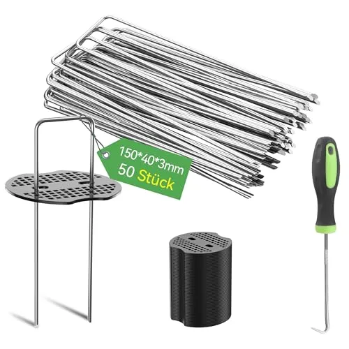 Graxury 50 Stück 15cm Schwerlast-Ø 3mm Gartennägel Stahlpfähle mit 50 Stück Dichtungen