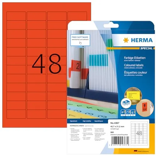 HERMA 4367 Farbige Etiketten rot ablösbar, 640 Blatt - Praktische, selbstklebende Etiketten in rot für klare Kennzeichnungen. Ideal für Drucker und Handbeschriftung. Mit umweltfreundlichem, lösemittelfreiem Haftkleber und FSC-zertifiziertem Papier.