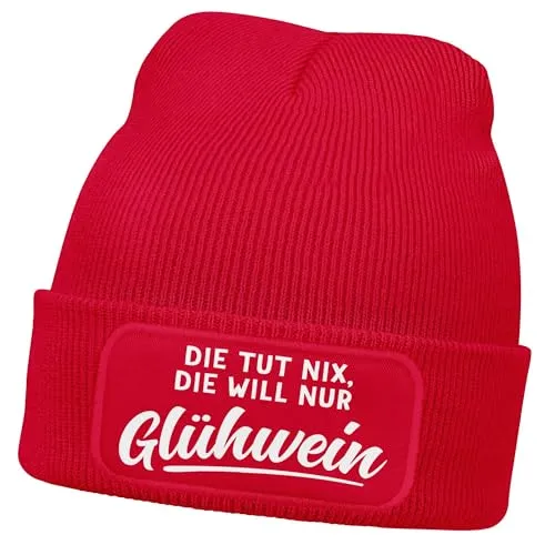 MoonWorks® Damen Beanie mit Patch Strickmütze mit Spruch Glühwein Aufdruck Lustig Damenmütze Rot Unisize