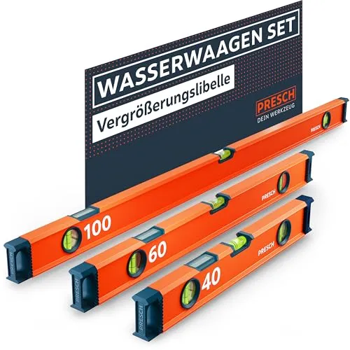 Presch Wasserwaagen Set 3tlg. - 40cm, 60cm & 100cm - Bruchfeste Weitwinkellibelle inkl. 2% Gefälle-Anzeige - Vertical-View-Funktion dank Sichtfenster - Innovative Rutsch‑Stopp‑Endkappen