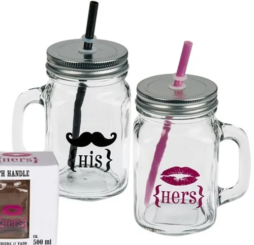 Trinkgläser His & Hers Deckel Strohhalm 2er Set 500 ml Gläser Picknick Garten