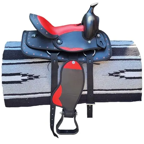 Brama West Kinder Westernsattel Little Cowboy mit Decke | Kindersattel mit Strasssteinen & Steigbügel | ideal für Holzpferd & Pony | Schwarz/Rot