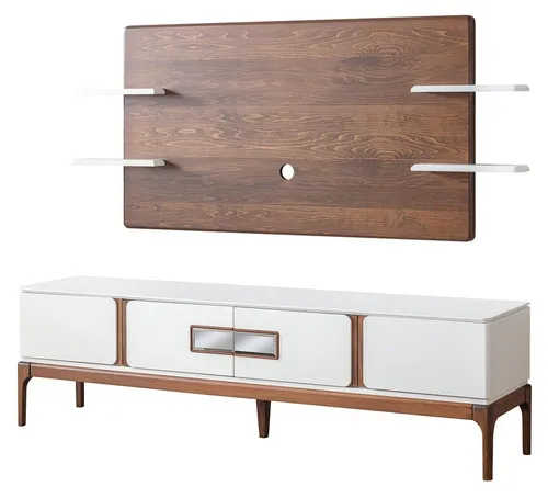 Exklusive 2-teilige Wohnwand mit Sideboard und TV-Wandpaneel - Modernes Wohnzimmer Set aus hellem Holz mit 4 Regalfächern und 2 Schubladen. Ideal für eine stilvolle Einrichtung, inklusive freistehender Montageoption.