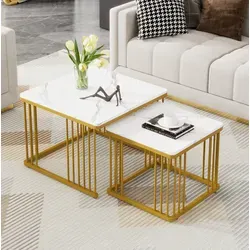 Couchtisch 2er-set Mdf Weiß Marmoroptik Hochglanz, Quadratisch Und Nestbar 60 Cm