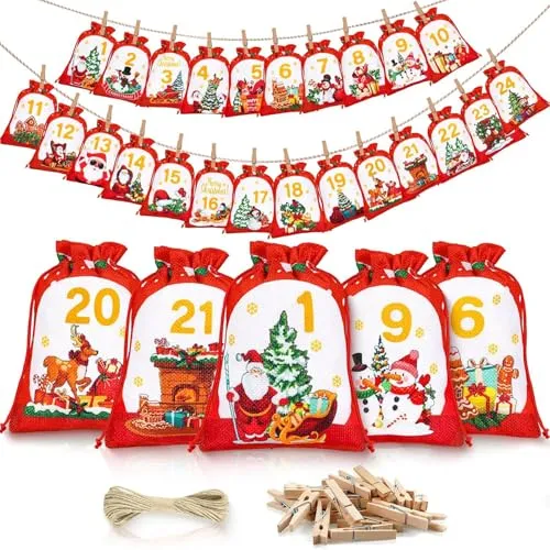 Adventskalender zum Befüllen 2025 Groß für Kinder Frauen Männer, Weihnachtskalender Selber Befüllen 24 Stoffbeutel, DIY Adventskalender Säckchen Stoff Tüten mit Holzklammern, Kordel