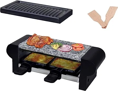 HASAYAKI Elektrisch Raclettegrill 350W für 2 Personen mit Steinplatte, antihaftbeschichtete Grillplatte, 2 Käseformen, 2 Holzspatel aus Buchenholz BC-1002_EU_VC