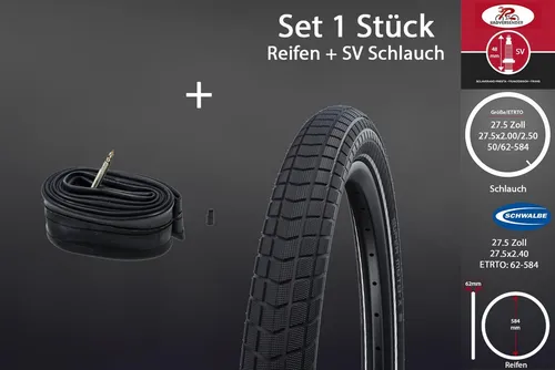 Schwalbe Moto Fahrradreifen 27.5 Zoll mit Schlauch - Robuste 27.5 Zoll Drahtreifen im Set mit Schlauch, ideal für Radsport. Hohe Breite von 62 mm sorgt für optimale Stabilität und Grip auf verschiedenen Untergründen.