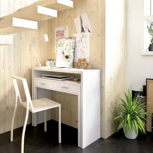 Dmora Losetta - Multipositionsschreibtisch - Kinderschreibtisch mit ausziehbarer Platte und 2 Schubladen, ideal für platzsparende Einrichtung in kleinen Räumen. Modernes Design in Weiß, langlebig und funktional.