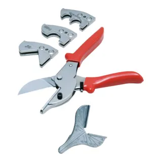 Cimco 12 0210 Vielzweckschere mit 5 Schneideinsätzen - Vielzweckschere für Kunststoffe, mit 5 auswechselbaren Schneideinsätzen in praktischer Box, ideal für Elektro- und Sanitärinstallationen, ermöglicht quetschfreies Schneiden und präzise Ergebnisse.