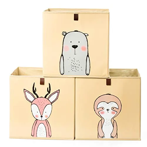 2friends 3 Kinder Aufbewahrungsboxen mit Schlaufe zum Herausziehen, 3er Set Kallax Boxen mit 3 Motiven, 33x33x33 cm, stabil und abwaschbar, beige