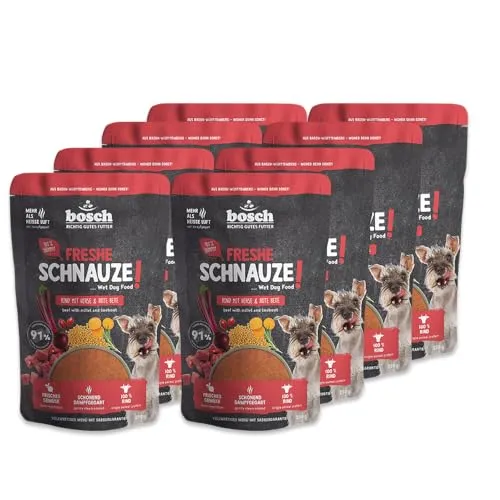 Bosch Freshe Schnauze, Rind mit Hirse und Rote Bete 8 x 250 g, Schonend Dampfgegartes Nassfutter für Hunde, Vollwertiges Alleinfuttermittel mit hohem Fleischgehalt, 8 x 250 g Hundenassfutter