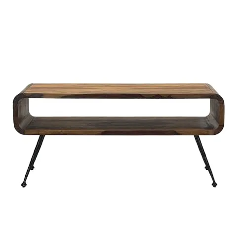 Wohnling Retro Couchtisch Sheesham Massivholz 100cm · Wohnzimmertisch rechteckig mit Ablagefach · Handgefertigter Sofatisch aus Holz mit Metallbeinen im Industrial Design