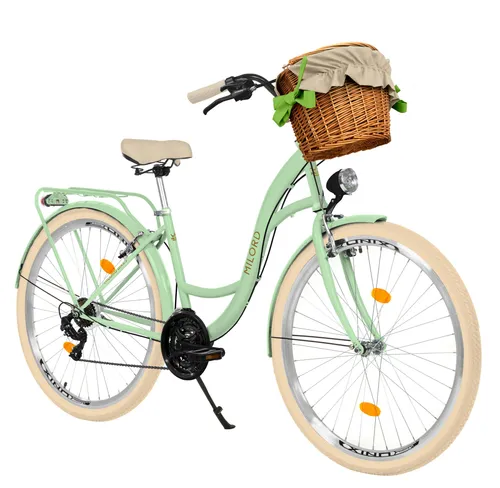 MILORD Damenfahrrad Citybike Komfort mit Weidenkorb, 26 Zoll, 21-Gang, Grün-Creme