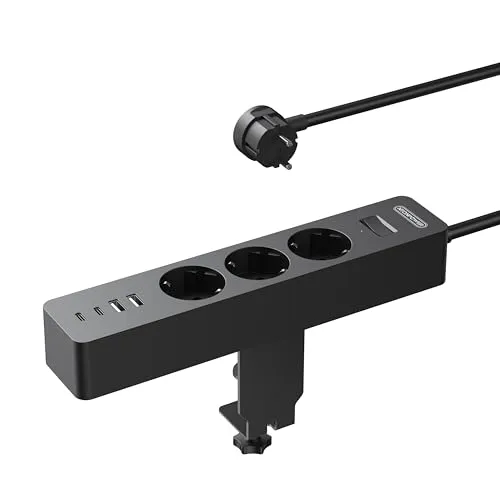 NTONPOWER Steckdosenleiste Klemmbar Schreibtisch mit Flachstecker, 3 Fach Tischsteckdose mit USB-C, 2 Meter Kabel, 2500 Watt Mehrfachsteckdose Tisch für Büro Office, Schwarz