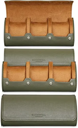 ROTHWELL Reiseetui für 3 Uhren | robuster tragbarer Schutz, passend für alle Armbanduhren und Smartwatches bis zu 50 mm (grün/hellbraun)