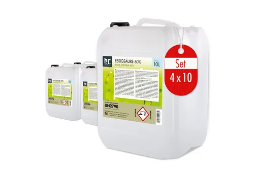 Höfer Chemie GmbH 4x 10 L Essigsäure 60% Grundreiniger - Reinigungsmittel mit hoher Effizienz, ideal für die gründliche Reinigung von Oberflächen und Entfernung von Ablagerungen. Achtung: Korrosiv gegenüber Metallen.