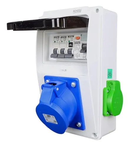 RoadEu Hybrid Stromverteiler | CEE 32A, Schuko & E-Bike-Steckdose - Verteilerkasten mit FI-Schutzschalter und individuellen Leitungsschutzschaltern für maximale Sicherheit. Ideal für Haushalt, Werkstatt und Gewerbe – robust und spritzwassergeschützt (IP44).