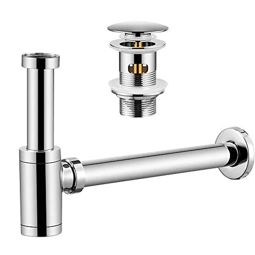 Wasserrhythm Universal Siphon mit Ablaufgarnitur für Waschbecken und Waschschalen mit Überlauf, Chrom Pop Up Ventil mit Abflussgarnitur passgenau, Röhrensiphon von 1 1/4 Zoll Gewindeanschluss