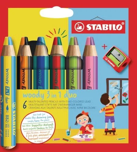 STABILO - Duo Buntstift, Wasserfarbe & Wachsmalkreide - woody 3 in 1 duo - zweifarbige Mine - 6er Pack mit Spitzer - 6 Stifte