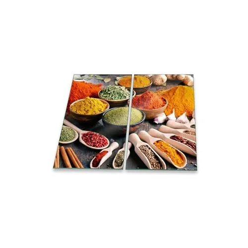 Herdabdeckplatte Abdeckung Ceranfeld Abdeckplatte Schneidebrett 2-Teilig 60x52 Gewürze Mehrfarbig Spritzschutz Glasplatte Ceranfeldabdeckung Schutz Herdschutz Sicherheitsglas Glasschneidebrett 2x30x52
