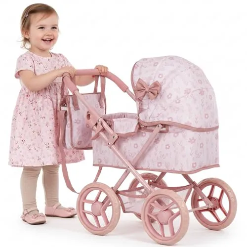 Kinderplay Kinderwagen für Puppen ab 3 Jahre – Tiefe Babywanne mit Tasche & Korb – Leichte Konstruktion mit leisen Schaumrädern – Spielzeugkinderwagen für Puppen bis 30 cm