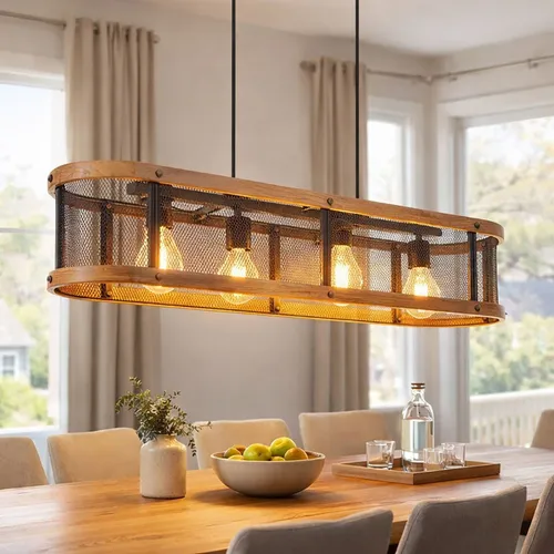 Hängelampe Esstisch 4-flammig mit Holzrahmen - Rustikale Pendelleuchte mit 4 E27 Fassungen, individuell gestaltbar und perfekt für Ihren Esstisch. Ein stilvolles Design aus Holz und Metall, das jeden Raum aufwertet.