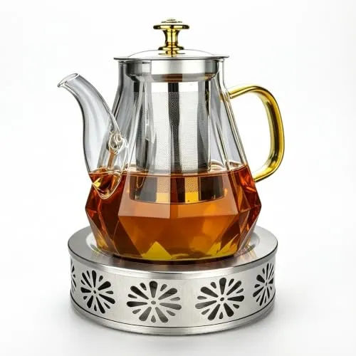 Teekanne mit Stövchen, 1 L Glas Teekanne mit Stövcheneinsatz und Teewärmer Edelstahl, Teekan Aus Glas ideal zur Zubereitung von losen Tees Fruchttee Duftender Tee, Teestövchen für Teekannen