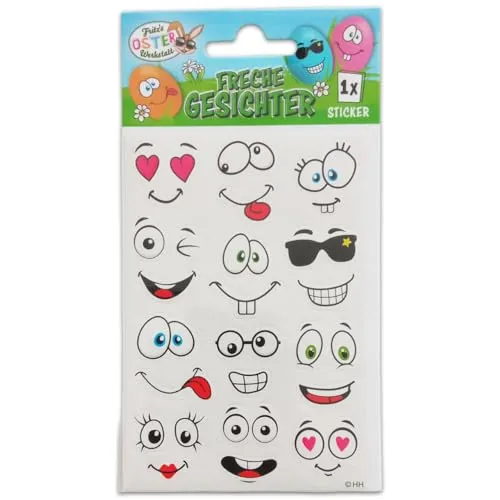 Oster Eier Sticker - freche Gesichter Aufkleber für Oster Eier Deko - Bogen 12 Motive / 12 Sticker (Freche Gesichter)