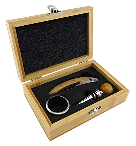 TigerTie - Wein-Set in Bambus-Box mit Kellnermesser/Korkenzieher, Weinkragen, Flaschenverschluss aus Edelstahl