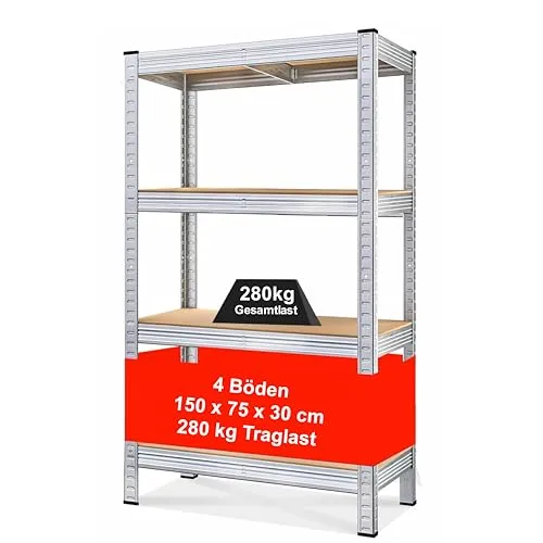 Izzy 1 Regal, Robustes Kellerregal aus Metall, Schwerlastregal, Steckbares Lagerregal, Einfach zu Montieren, Verzinkt, 4 Böden mit den Maßen 150 x 75 x 30 cm, 280 kg Tragkraft